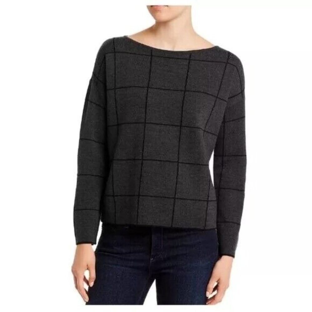 EILEEN FISHER Bateau Boatneck Window Pane SWEATER Plaid MERINO $258 PRISTINE EUC